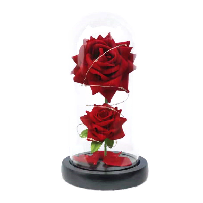Valentine's Day Gift - Due splendide rose rosse racchiuse da un vetro con base in legno