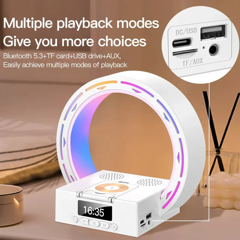 4 In 1 Wireless Bluetooth-compatible Speaker Charging Pad Bedside Lamp With Alarm Clock Wake-Up Light For Bedroom Support USB Drive TF Card