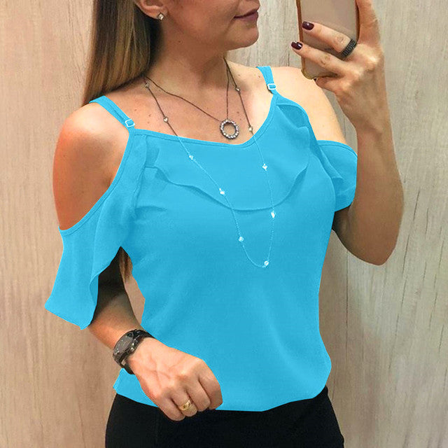 Sling Ruffles Short Sleeve Blouse Women Summer  Clothes