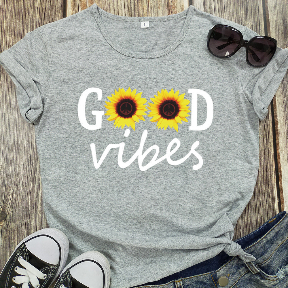 Letter Sunflower Print Ladies Short Sleeve O Neck Loose T Shirt Summer Ladies