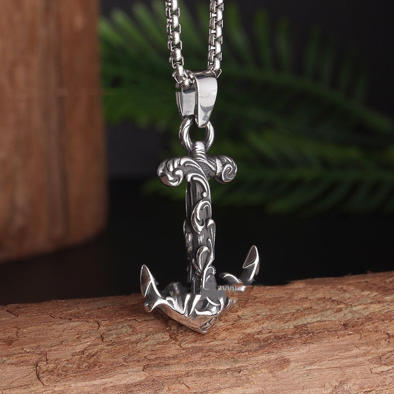 Vintage Totem Pattern Boat Anchor Thailand Silver Pendant Necklace