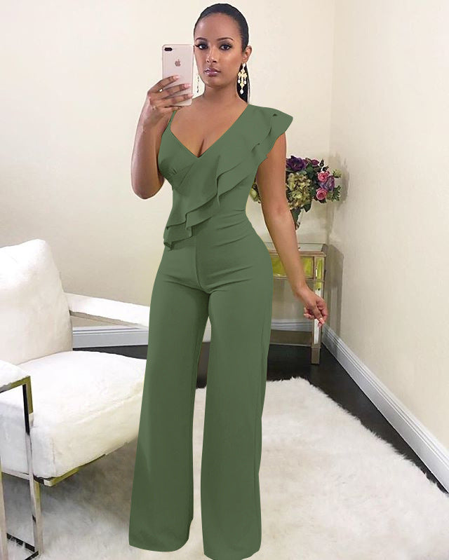 Sexy side shoulder ruffled jumpsuit