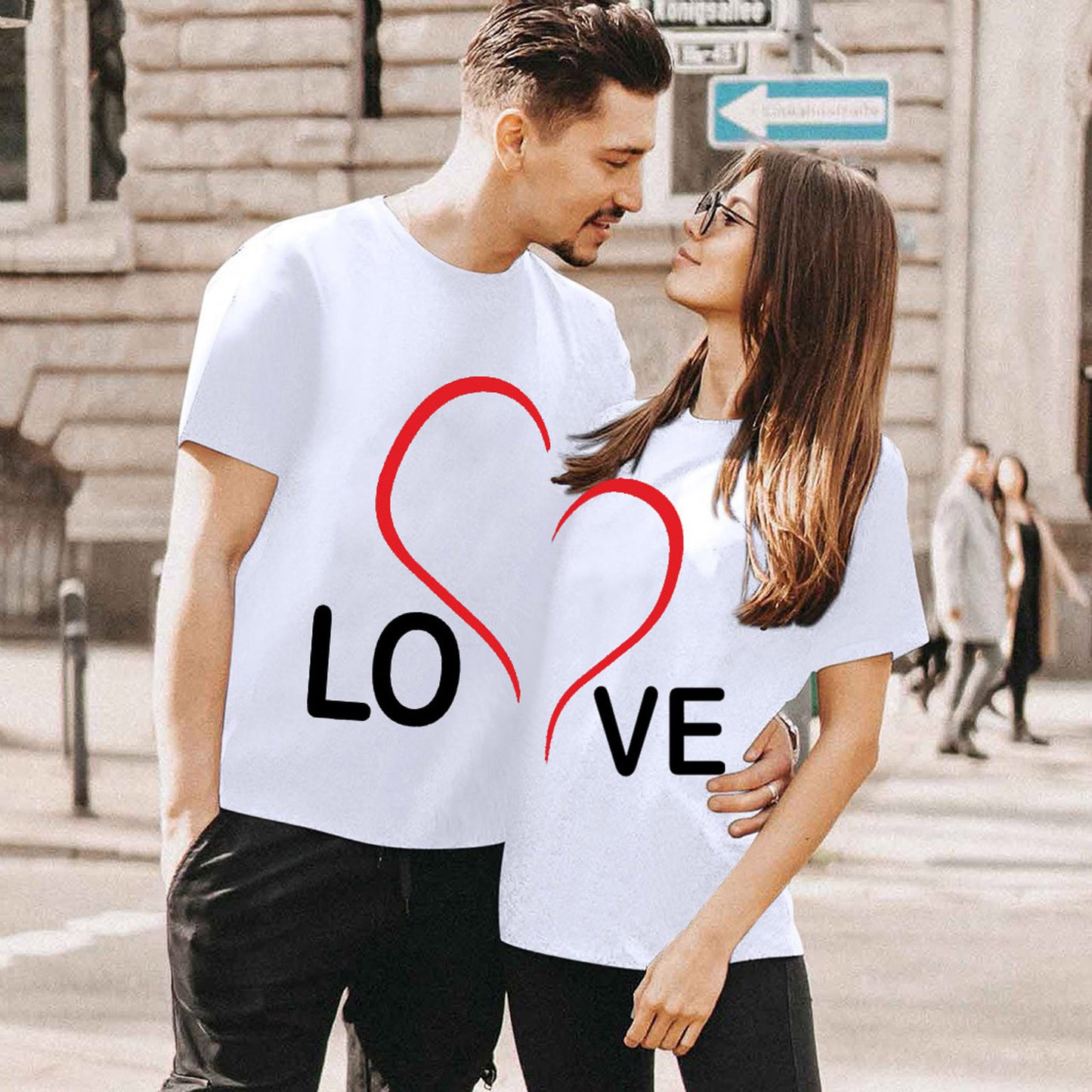 Stitching LOVE Couple Wear Round Neck Loose Print