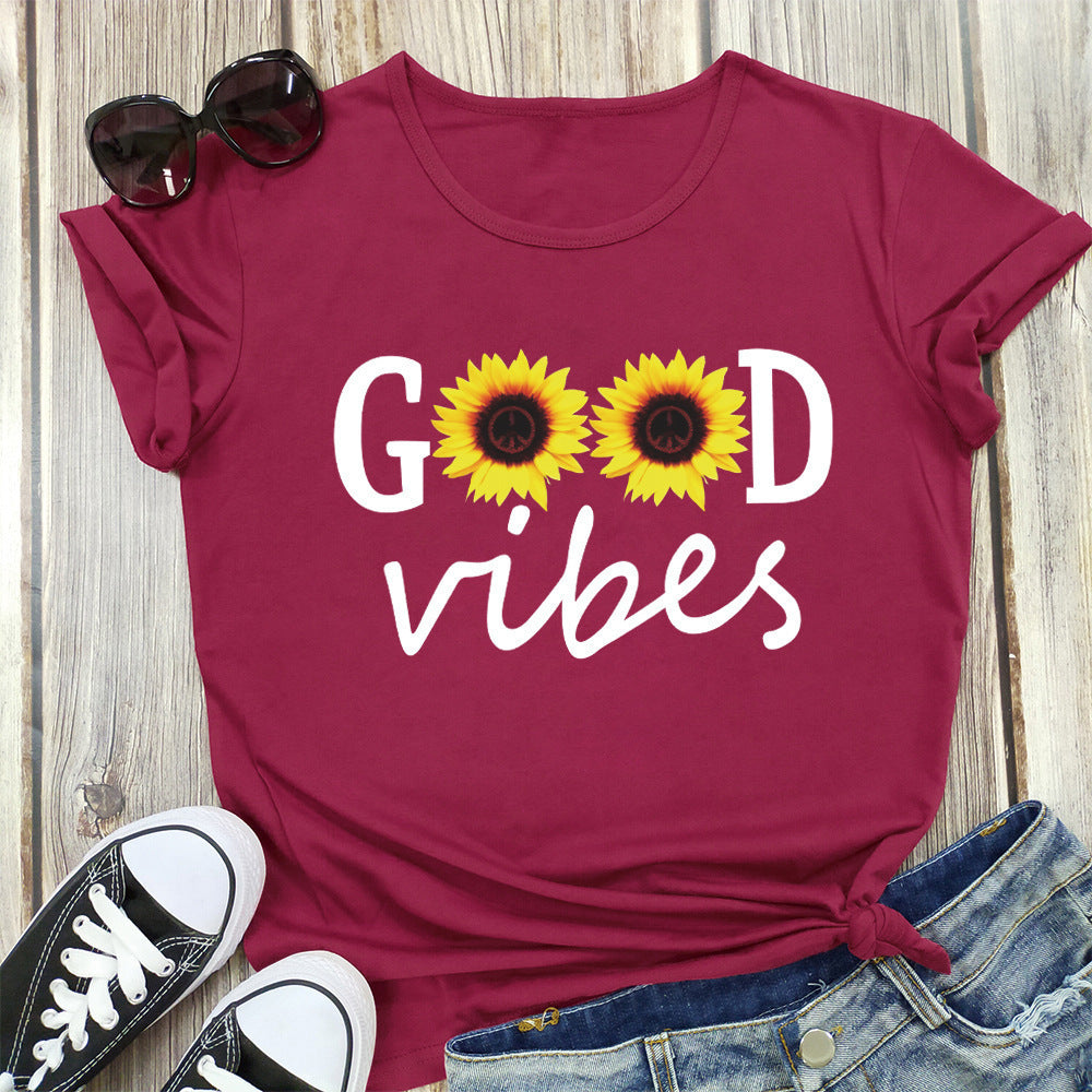 Letter Sunflower Print Ladies Short Sleeve O Neck Loose T Shirt Summer Ladies