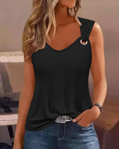 Summer Fashion Simple Metal Buckle V-neck Sleeveless Women's Vest