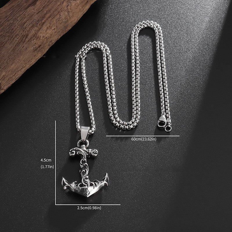 Vintage Totem Pattern Boat Anchor Thailand Silver Pendant Necklace