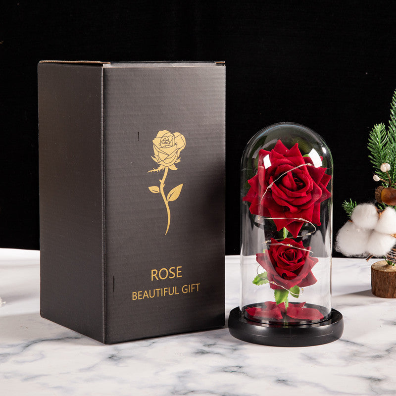 Valentine's Day Gift - Due splendide rose rosse racchiuse da un vetro con base in legno