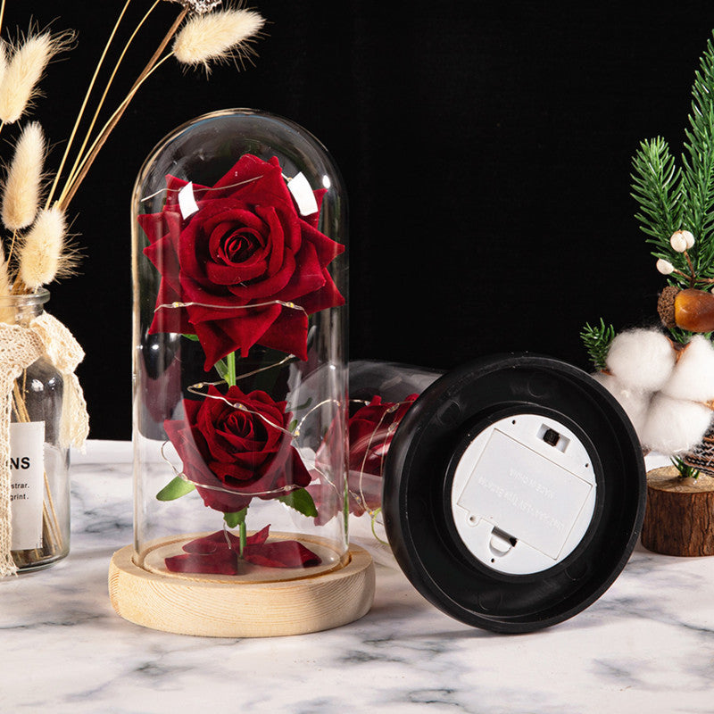 Valentine's Day Gift - Due splendide rose rosse racchiuse da un vetro con base in legno