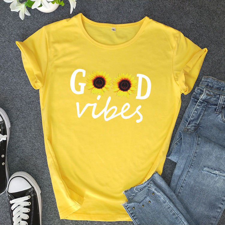 Letter Sunflower Print Ladies Short Sleeve O Neck Loose T Shirt Summer Ladies