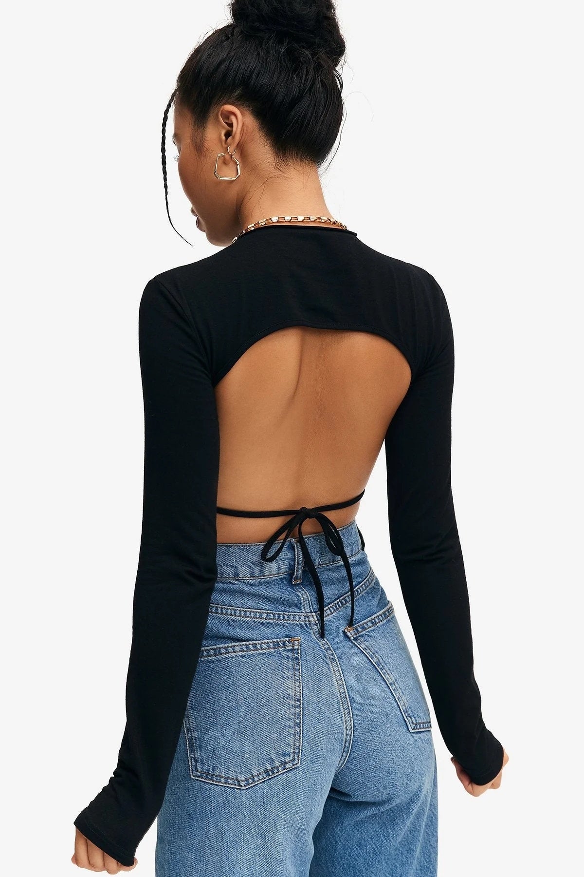 Crop Top Solid Tie Backless Curved Hem