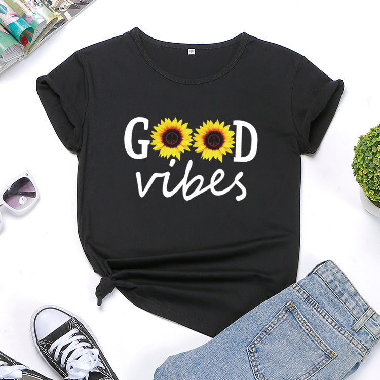 Letter Sunflower Print Ladies Short Sleeve O Neck Loose T Shirt Summer Ladies