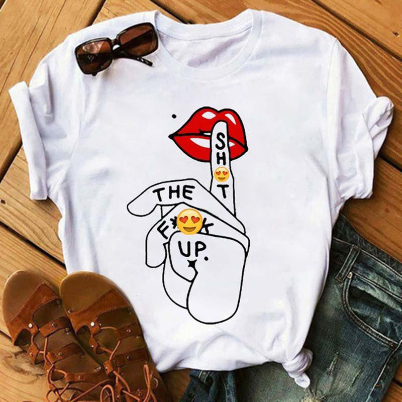 Women's Lip Colorful White With Printed Pattern Short Sleeve