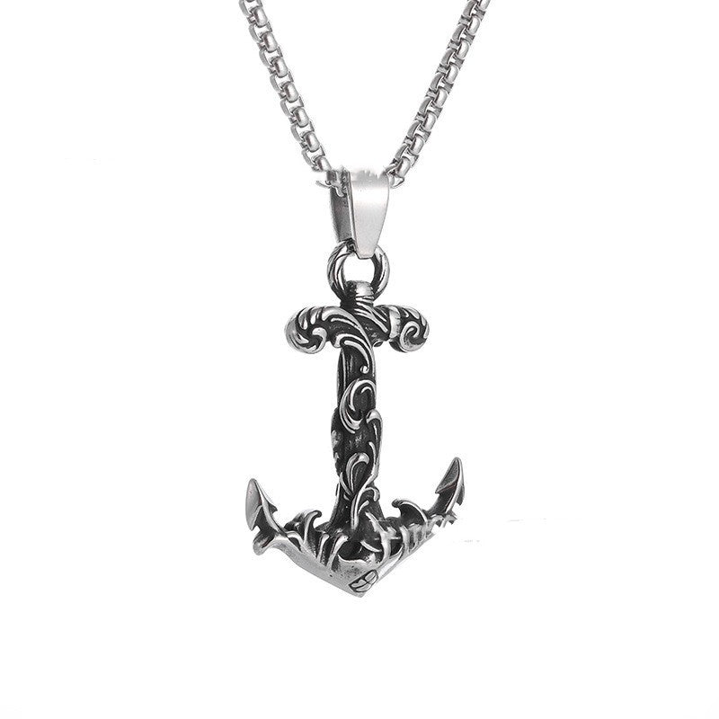 Vintage Totem Pattern Boat Anchor Thailand Silver Pendant Necklace